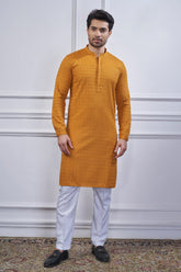 Mustard Art Silk Embroidered Kurta Pajama